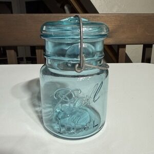 Vintage Ball Blue Canning Jar Pint Ideal Pat'd July 14,1908 Wire Bail